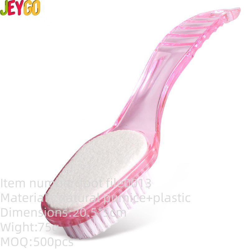 Foot scrub brush with natural pumice stone and ergonomic handle for removing calluses, exfoliating dead skin, and daily foot care