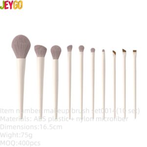 10-piece fibre eye shadow makeup brush set with white plastic handles and soft synthetic bristles for face makeup, eyeshadow blending, eyebrow shaping, and precision detailing.