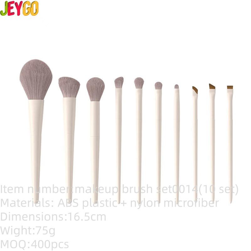10-piece fibre eye shadow makeup brush set with white plastic handles and soft synthetic bristles for face makeup, eyeshadow blending, eyebrow shaping, and precision detailing.
