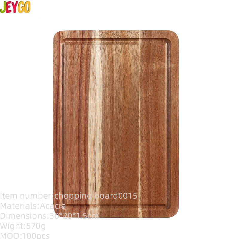 rectangular acacia wood cutting board with juice groove for chopping meat, vegetables, pizza, and food preparation