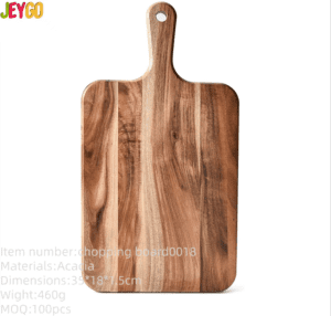 acacia wood cutting board with handle for pizza serving, cheese presentation, bread display and food preparation