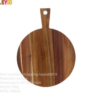 Round Acacia wood cutting board with handle for pizza, bread, fruits, and general kitchen use