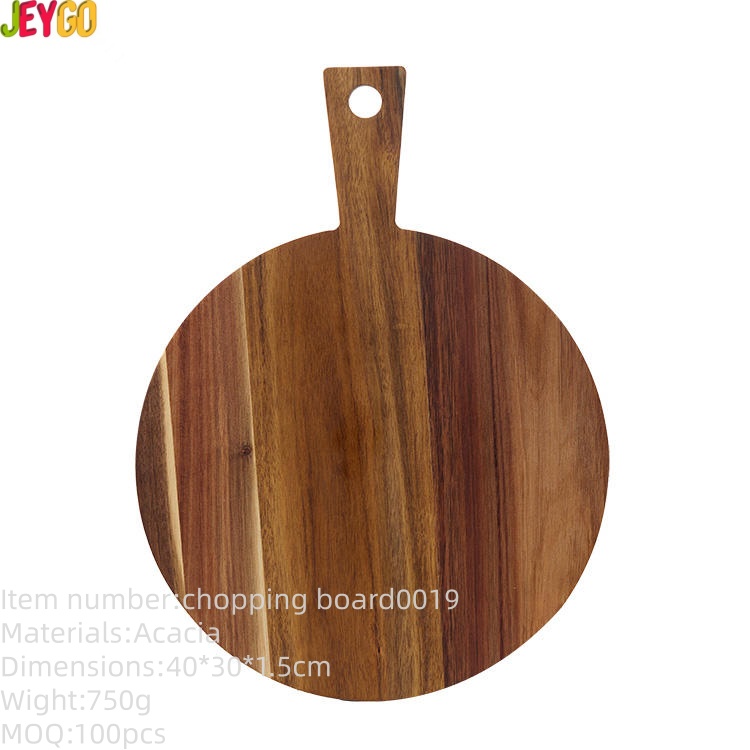 Round Acacia wood cutting board with handle for pizza, bread, fruits, and general kitchen use