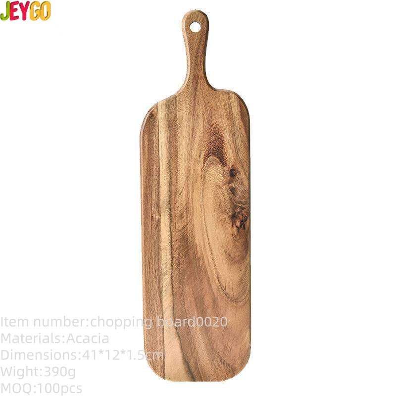 Rectangular acacia wood cutting board with handle, ideal for serving cheese, charcuterie, bread, and fruits, suitable for home kitchens and restaurants