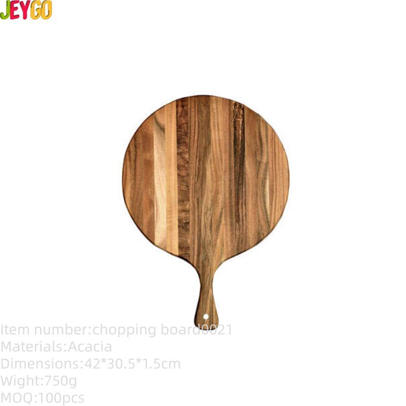Round acacia wood cutting board featuring a handle, ideal for serving fruit, sushi, pizza, and steak, suitable for home kitchens and professional settings