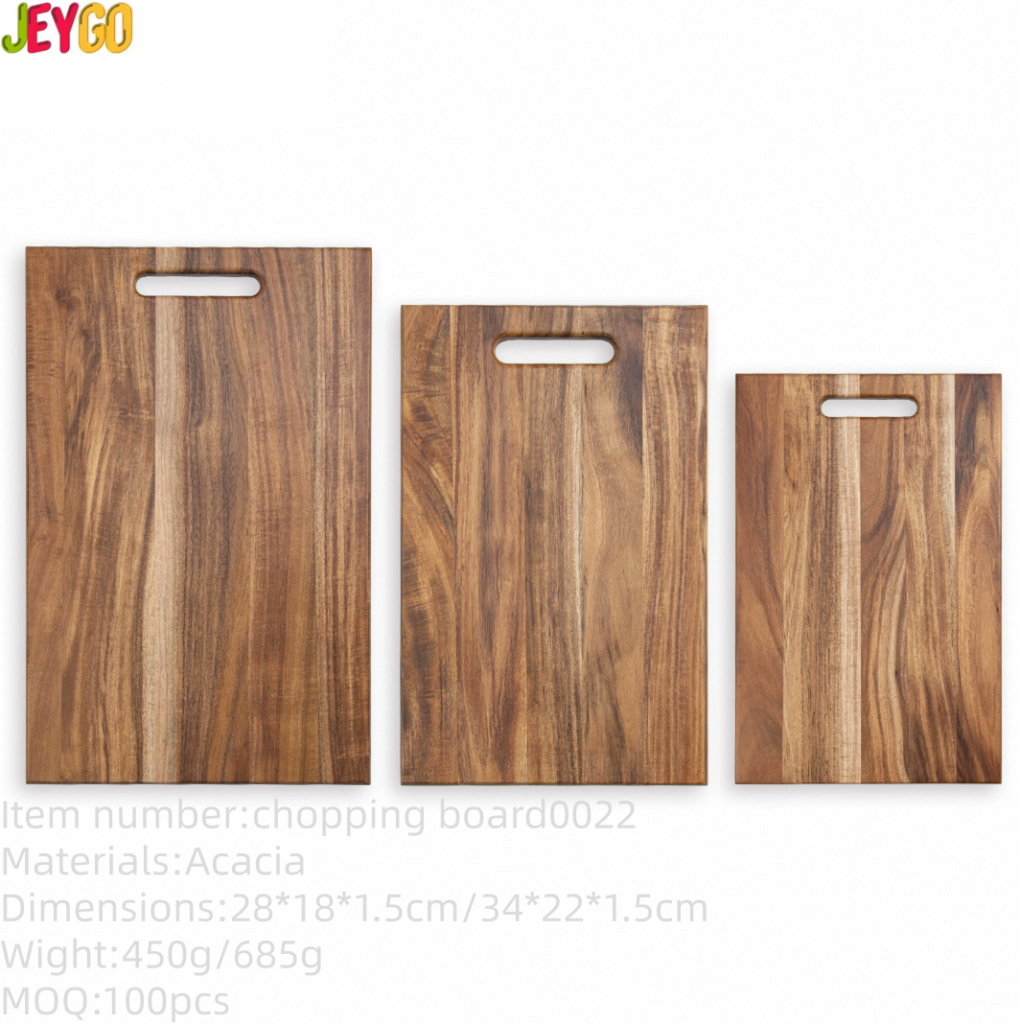 Set of three acacia wood chopping boards with handles, American dark walnut style, suitable for cutting, serving, and kitchen prep