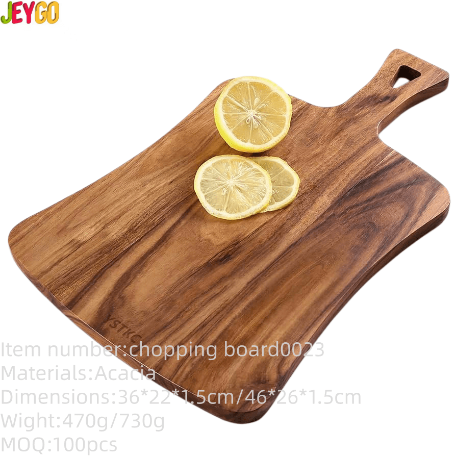 Rectangular acacia wood cutting board with handle, ideal for serving cheese, charcuterie, bread, and fruits, suitable for home kitchens and restaurants