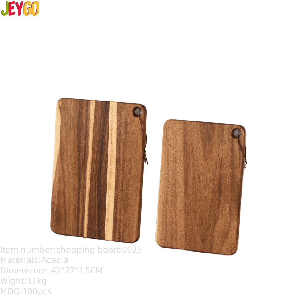 Two acacia wood cutting boards with hanging holes, ideal for chopping, slicing, and kitchen prep, suitable for home kitchens and commercial use