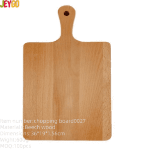 Rectangular beech wood charcuterie board with a hanging handle, designed for serving fruit, steak, bread, olives, cheese, and appetizers in home kitchens and dining settings