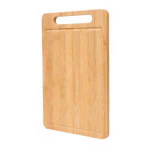 rectangular bamboo cutting board with integrated handle slot and juice groove for kitchen chopping tasks