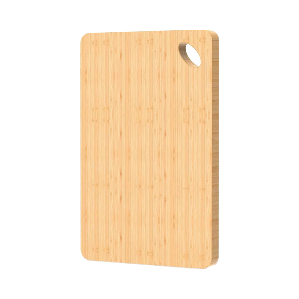rectangular bamboo cutting board with rounded corners and hanging hole for food preparation and kitchen storage