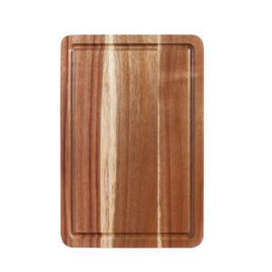 rectangular acacia wood cutting board with juice groove for chopping meat, vegetables, pizza, and food preparation