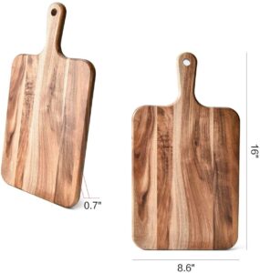 acacia wood cutting board with handle for pizza serving, cheese presentation, bread display and food preparation