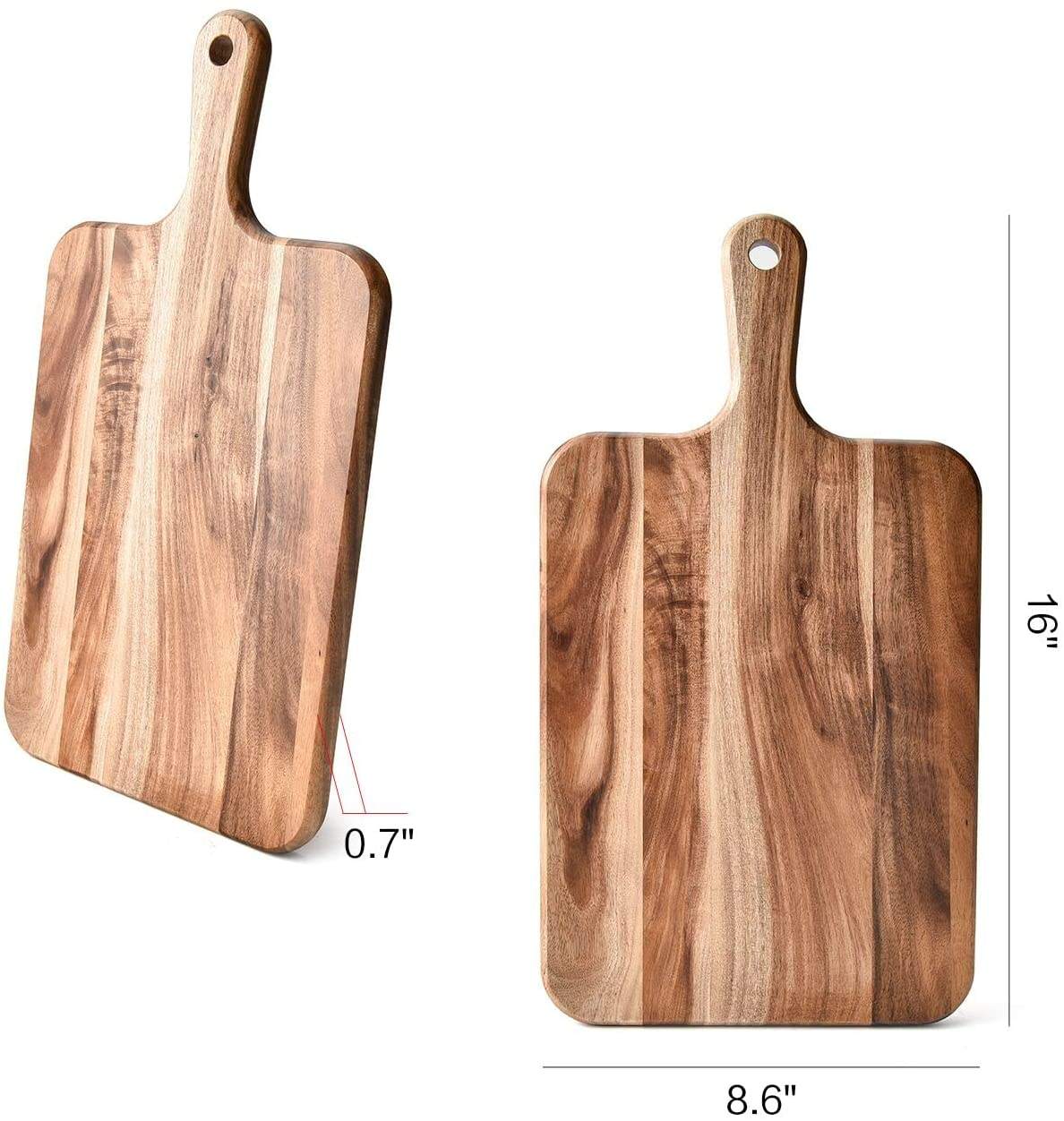 acacia wood cutting board with handle for pizza serving, cheese presentation, bread display and food preparation
