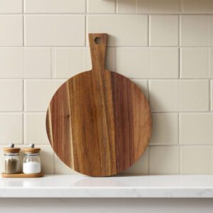 Round Acacia wood cutting board with handle for pizza, bread, fruits, and general kitchen use