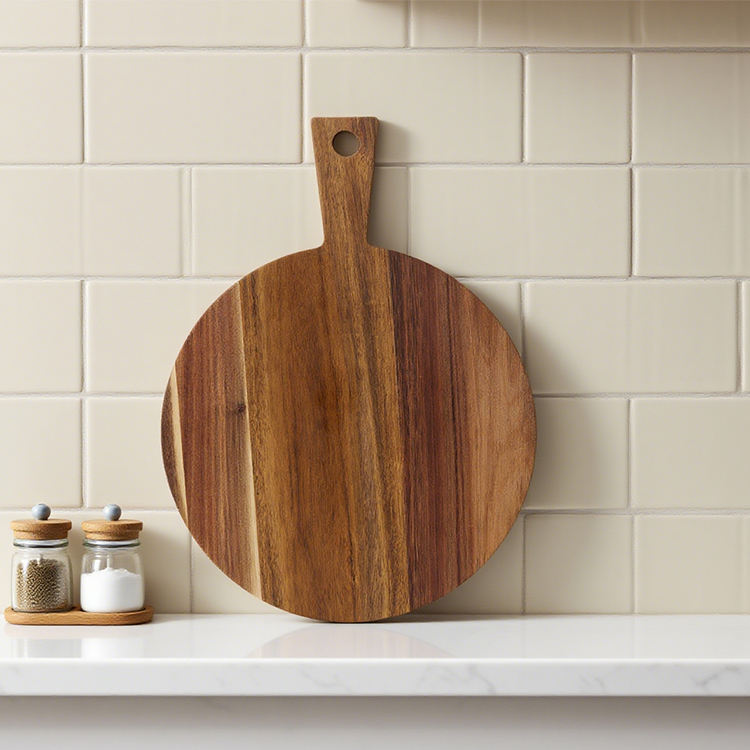 Round Acacia wood cutting board with handle for pizza, bread, fruits, and general kitchen use