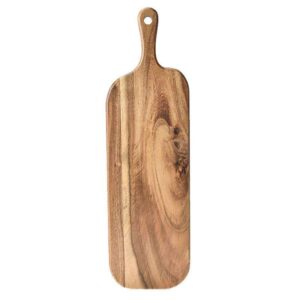 Rectangular acacia wood cutting board with handle, ideal for serving cheese, charcuterie, bread, and fruits, suitable for home kitchens and restaurants