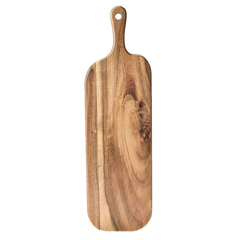Rectangular acacia wood cutting board with handle, ideal for serving cheese, charcuterie, bread, and fruits, suitable for home kitchens and restaurants
