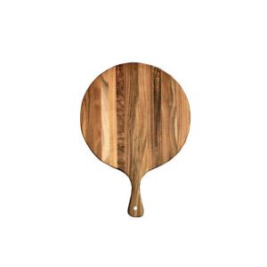 Round acacia wood cutting board featuring a handle, ideal for serving fruit, sushi, pizza, and steak, suitable for home kitchens and professional settings