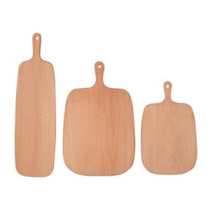 Two solid beech wood cutting boards with handles, ideal for slicing fruit, bread, and pizza, suitable for home baking, kitchen prep, and serving
