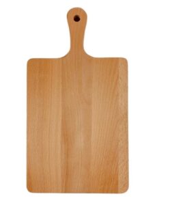 Rectangular beech wood charcuterie board with a hanging handle, designed for serving fruit, steak, bread, olives, cheese, and appetizers in home kitchens and dining settings