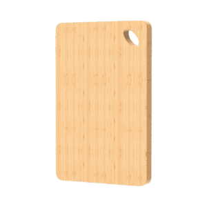 rectangular bamboo cutting board with rounded corners and hanging hole for food preparation and kitchen storage
