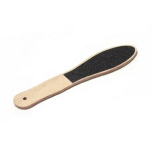 Double-faced wooden pedicure foot scrub with sandpaper surface for callus removal and smooth feet care.