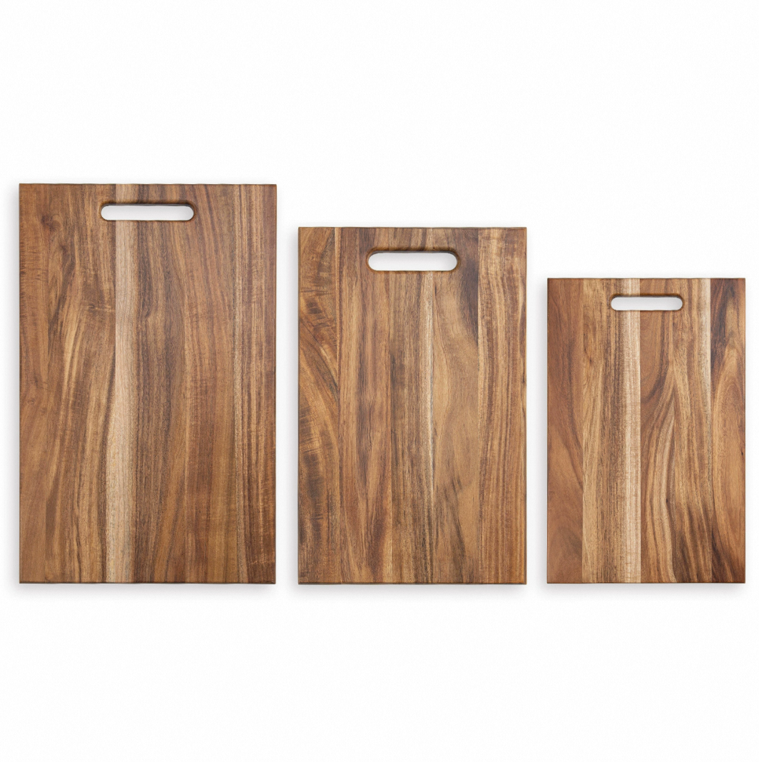 Set of three acacia wood chopping boards with handles, American dark walnut style, suitable for cutting, serving, and kitchen prep
