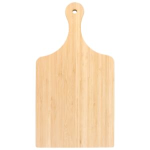 double-sided bamboo cutting board with paddle handle and hanging hole for chopping, slicing, and serving food