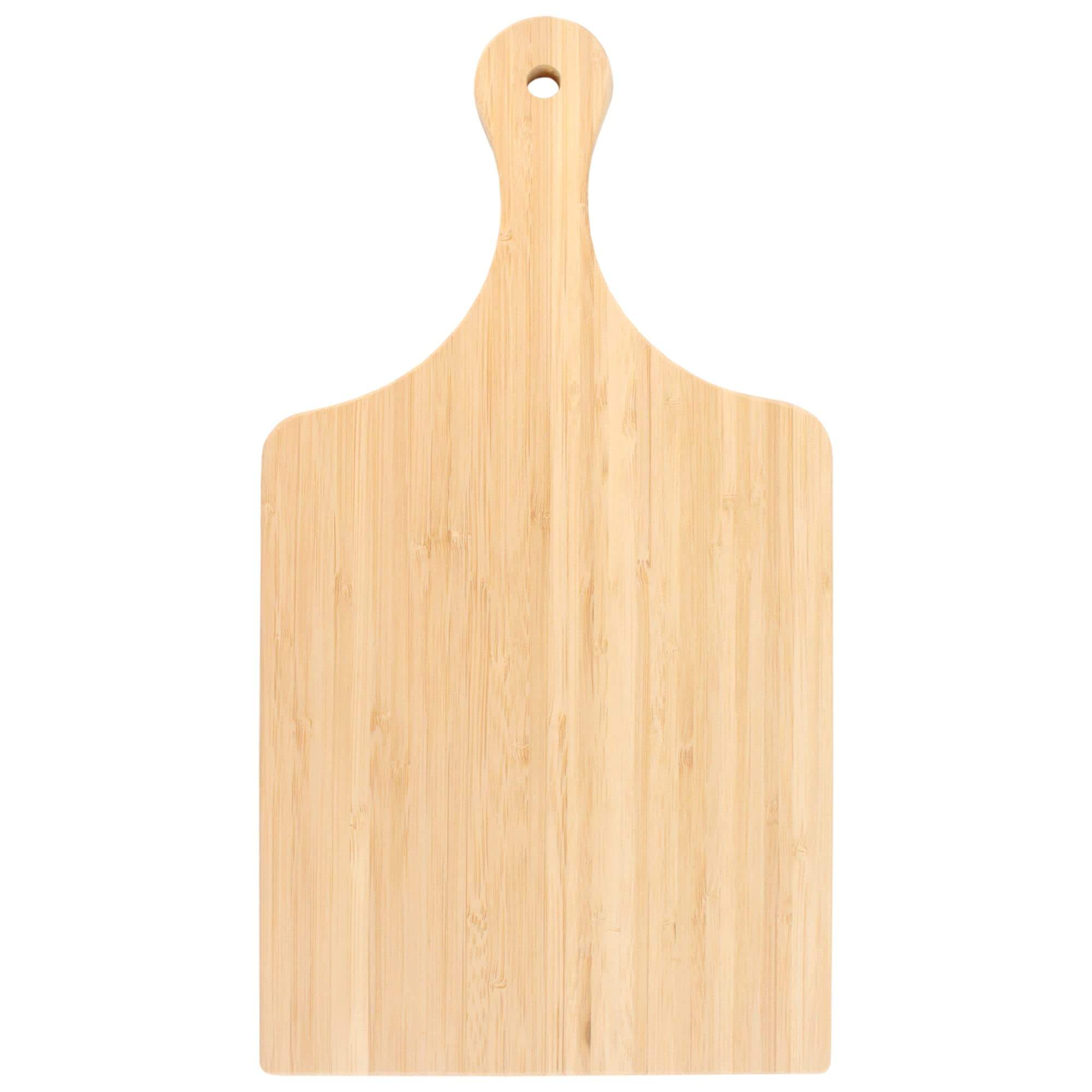 double-sided bamboo cutting board with paddle handle and hanging hole for chopping, slicing, and serving food