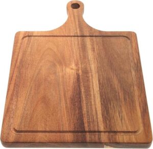 rectangular acacia wood cutting board with handle and juice groove for chopping, serving and food presentation
