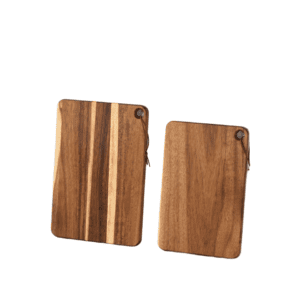 Two acacia wood cutting boards with hanging holes, ideal for chopping, slicing, and kitchen prep, suitable for home kitchens and commercial use