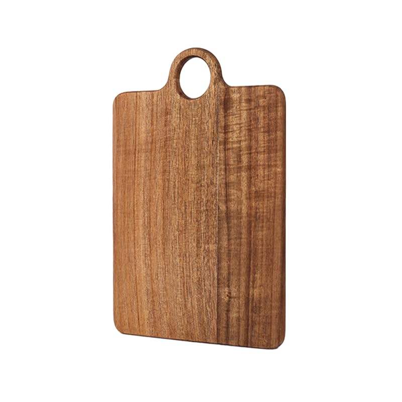 rectangular acacia wood cutting board with integrated hanging handle for chopping, serving, and food presentation