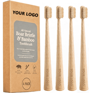 Four-piece bamboo toothbrush set with natural horse hair and boar bristle brush heads, custom logo bamboo handles, and eco-friendly kraft paper packaging for sustainable oral care