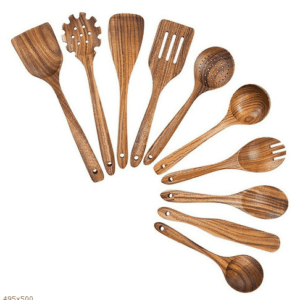 Ten-piece acacia wood kitchen utensil set including spatulas, slotted spoons, soup spoons, pasta server, and cooking utensils, ideal for non-stick cookware and daily meal preparation
