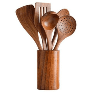 Ten-piece acacia wood kitchen utensil set including spatulas, slotted spoons, soup spoons, pasta server, and cooking utensils, ideal for non-stick cookware and daily meal preparation