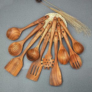 Ten-piece acacia wood kitchen utensil set including spatulas, slotted spoons, soup spoons, pasta server, and cooking utensils, ideal for non-stick cookware and daily meal preparation