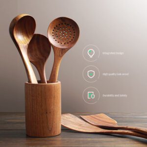 Ten-piece acacia wood kitchen utensil set including spatulas, slotted spoons, soup spoons, pasta server, and cooking utensils, ideal for non-stick cookware and daily meal preparation
