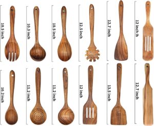 Twelve-piece set of natural teak wooden kitchen utensils including spatulas, slotted spoons, soup spoons, serving utensils, and stirring tools, designed for cooking and serving
