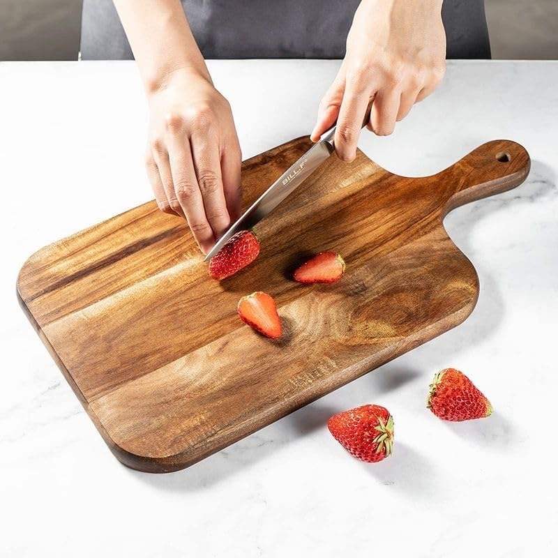 acacia wood serving board with handle for charcuterie, cheese, fruits, snacks, and kitchen food preparation