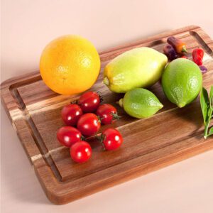 rectangular acacia wood cutting board with juice groove for chopping meat, vegetables, pizza, and food preparation