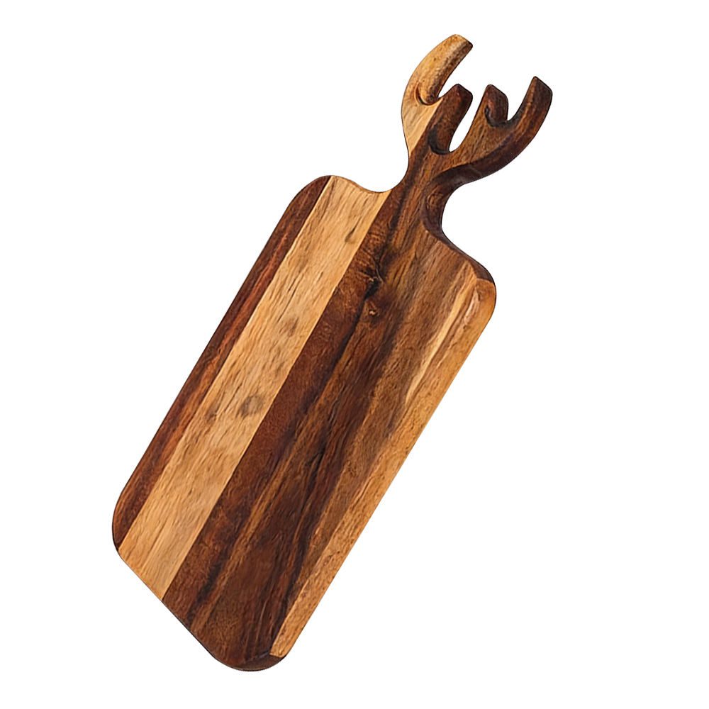 acacia wood serving board with decorative deer antler handle for cheese, charcuterie, sushi, steak and appetizer serving