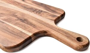 acacia wood cutting board with handle for pizza serving, cheese presentation, bread display and food preparation