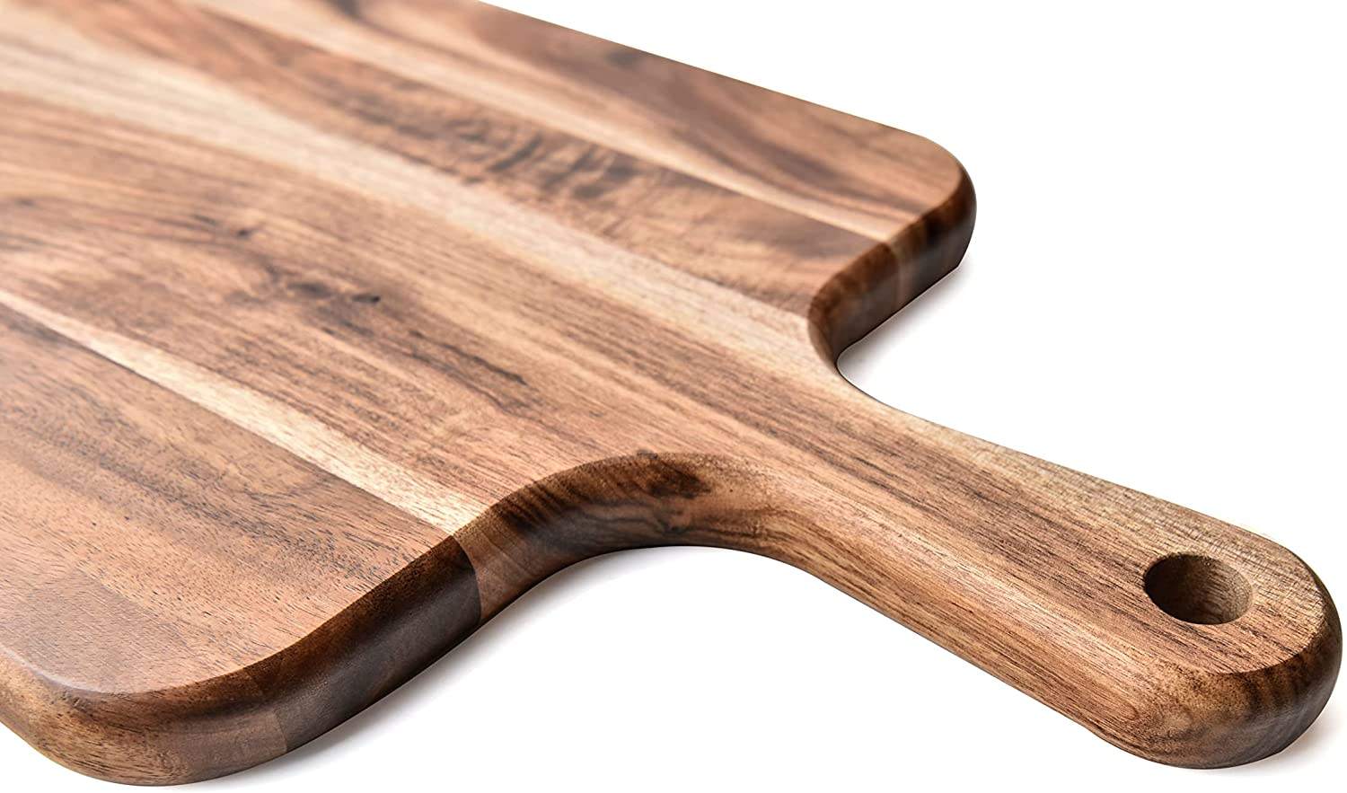 acacia wood cutting board with handle for pizza serving, cheese presentation, bread display and food preparation