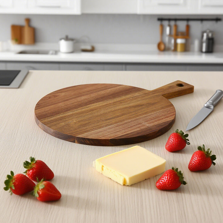 Round Acacia wood cutting board with handle for pizza, bread, fruits, and general kitchen use