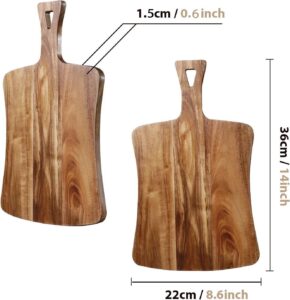 Rectangular acacia wood cutting board with handle, ideal for serving cheese, charcuterie, bread, and fruits, suitable for home kitchens and restaurants