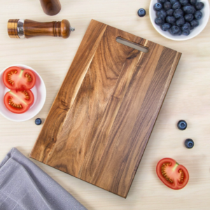 Set of three acacia wood chopping boards with handles, American dark walnut style, suitable for cutting, serving, and kitchen prep