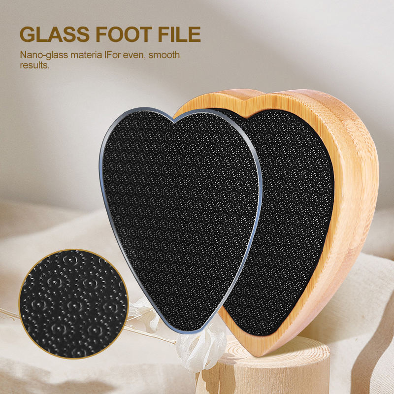 Heart-shaped mini nano glass foot file with wooden handle for removing dead skin and calluses, pedicure tool for home and salon use