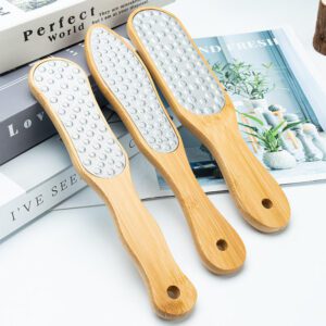 Bamboo handle foot file with stainless steel surface for removing dead skin and calluses, ideal for salon and home pedicure use