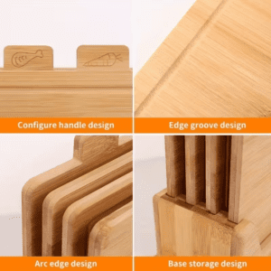multi-piece bamboo cutting board set with storage holder and food category tabs for organized kitchen use